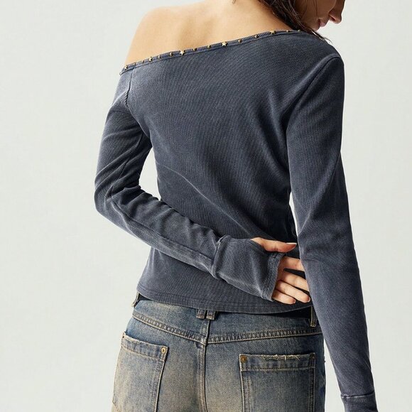 Casual Women's Boho ribbed Asymmetric Neck long Sleeve T-Shirt top - Picture 2 of 8